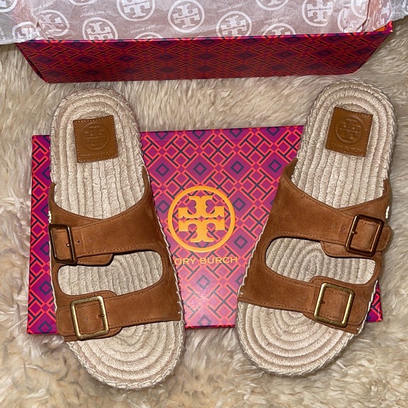 Tory Burch Two Suede Band Flat Espadrilles Slides - Picture 2 of 15